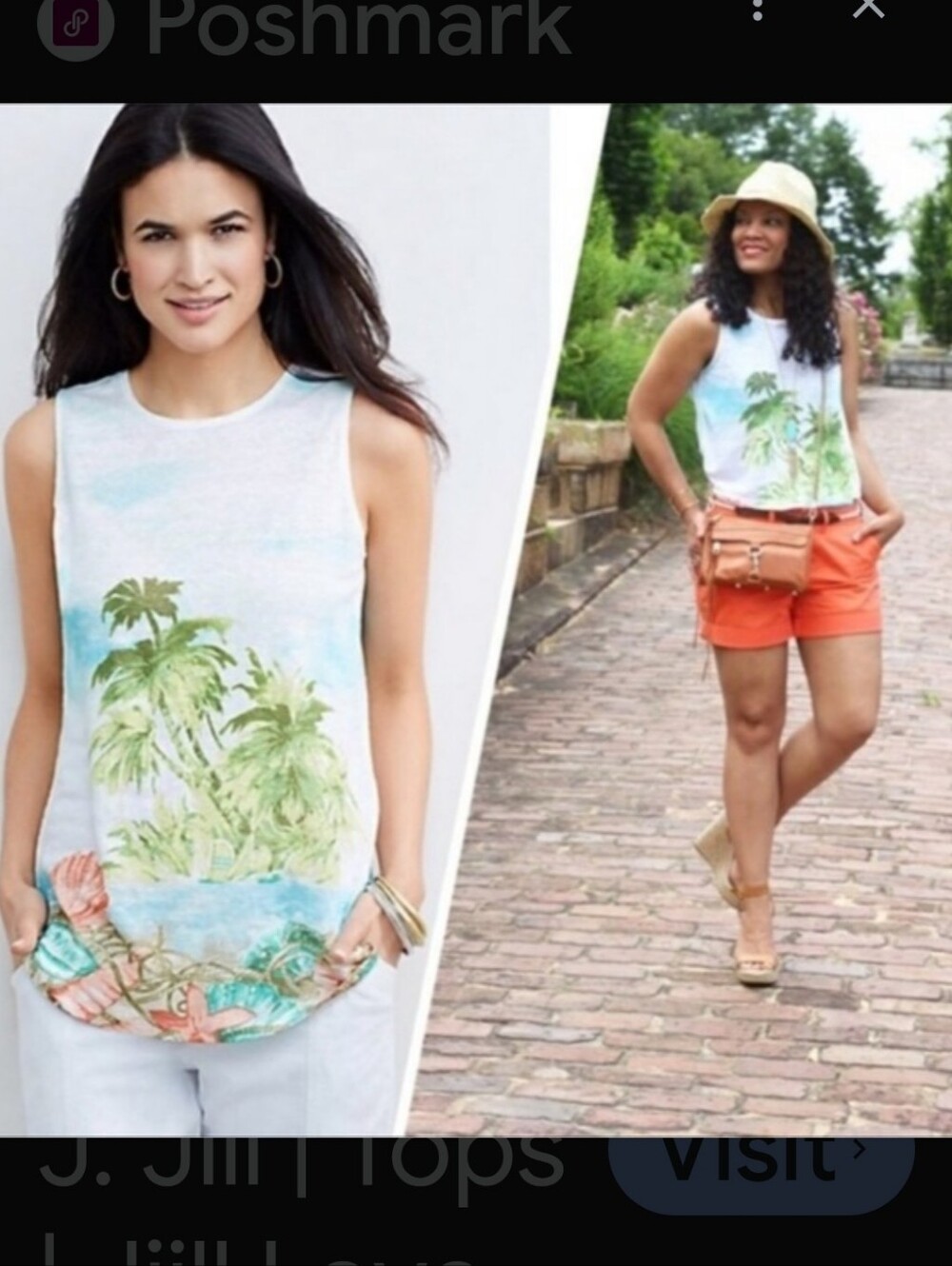 J. Jill Knit Linen White Tank Top with Green & Aqua Palm Print